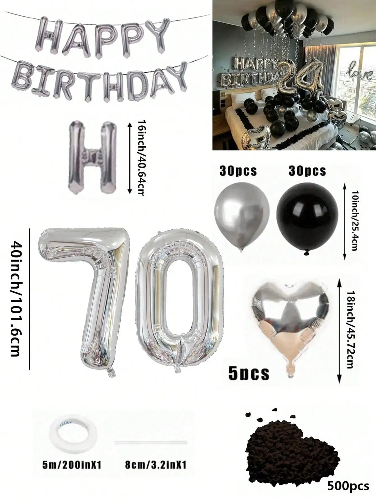 A kit for a balloon garland featuring silver and black foil numbers, including large letters and the number zero.