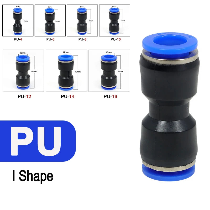 A set of black pneumatic quick push-in fittings with various sizes (PU-4 to PU-16) and a large black fitting with a blue cap.