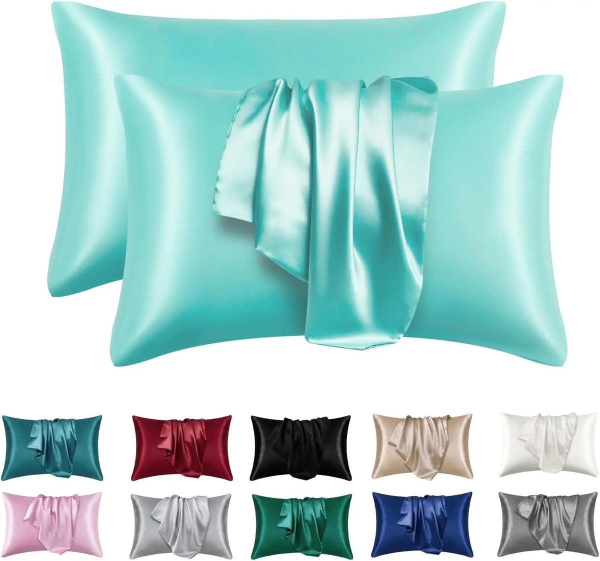Un juego de fundas de almohada de seda satinada en varios tonos, incluyendo coral, verde azulado y púrpura.