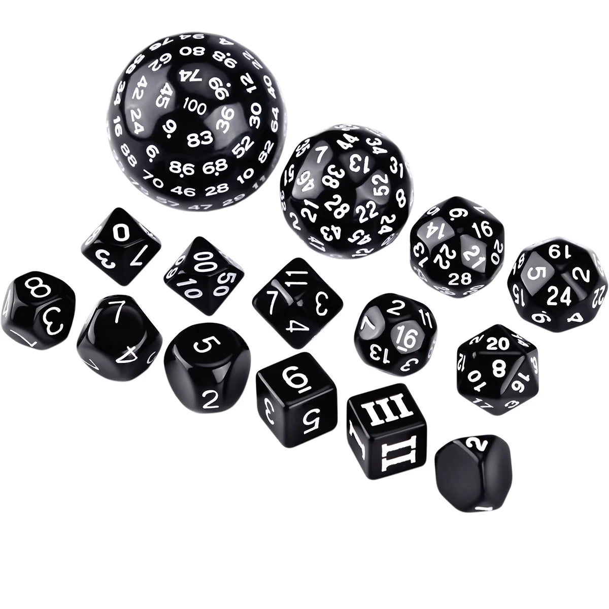 A set of fifteen polyhedral dice including d10s, d12s, d20s, and dodecahedral dice.