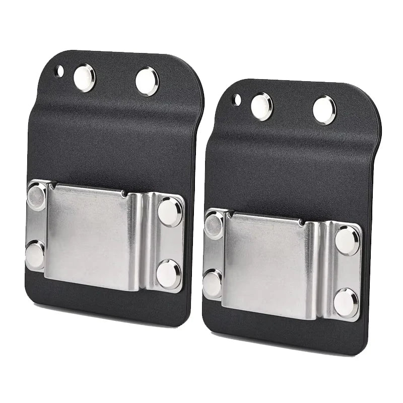 Black clip-on tool belt holster for drills and power tools with metal mounting plates