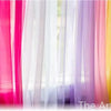 A collection of sheer voile curtains in various pastel colors, including pink, white, lavender, and yellow, hanging by a wind