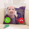 A novelty throw pillow cover featuring a cartoon pig face with a green phone icon and a red call icon.