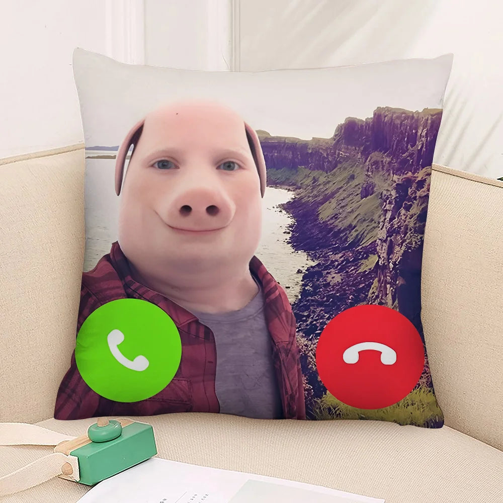 A novelty throw pillow cover featuring a cartoon pig face with a green phone icon and a red call icon.