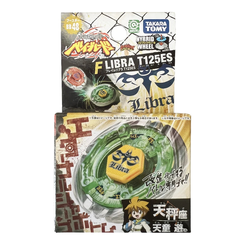 A box and a green metal spinning top toy named Libra T125ES from Takara Tomy