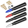 A collection of various short radio antennas and related hardware including brass screws and rings.