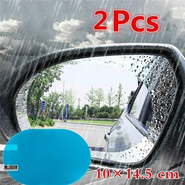 Dos pegatinas antiempañante para espejos retrovisores de coche, miden 10 por 14.5 cm.