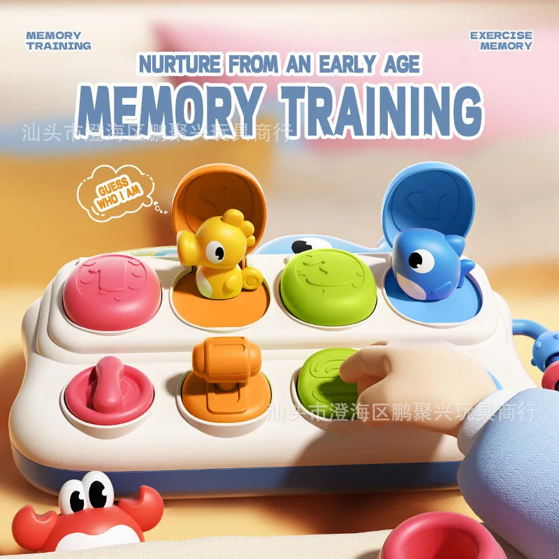 A colorful memory training toy featuring pop-up animals in various colors and shapes for babies.