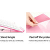 Pink acrylic keyboard riser shown elevating a white keyboard for an ergonomic angle and peeling off a protective film