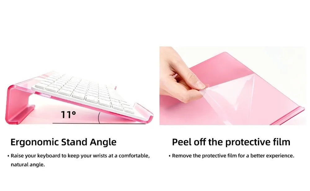 Pink acrylic keyboard riser shown elevating a white keyboard for an ergonomic angle and peeling off a protective film