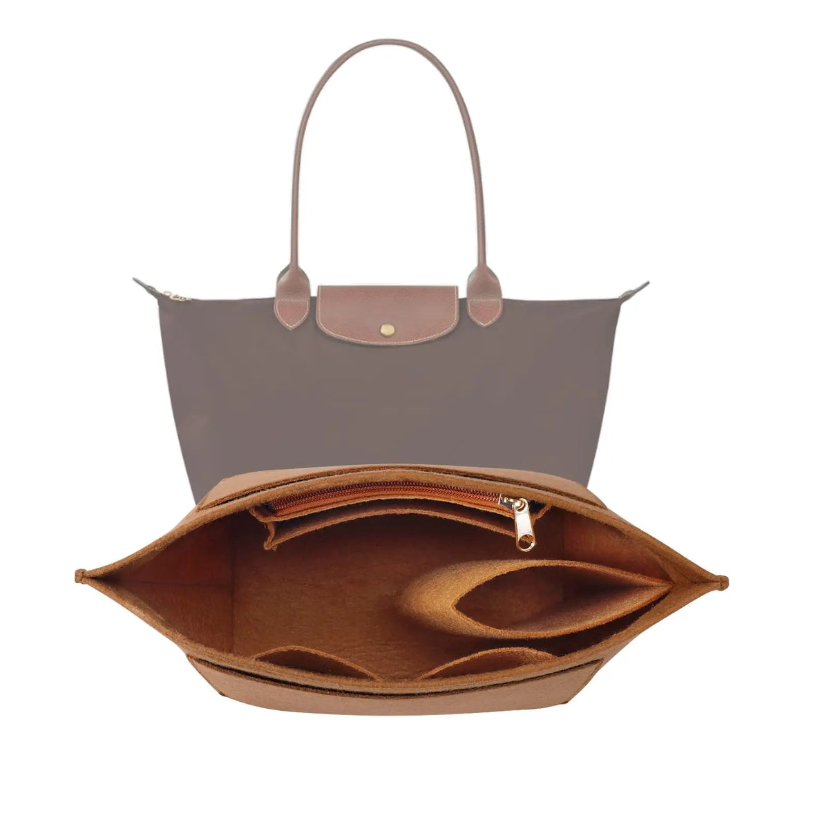 A brown felt purse organizer insert with a handle and a flap, designed to fit into large tote bags.
