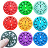 A set of nine colorful math fidget spinners showing multiplication and division operations.