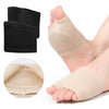 Black gel forefoot cushion pads for foot pain relief shown with a close-up of the pad and on a foot.