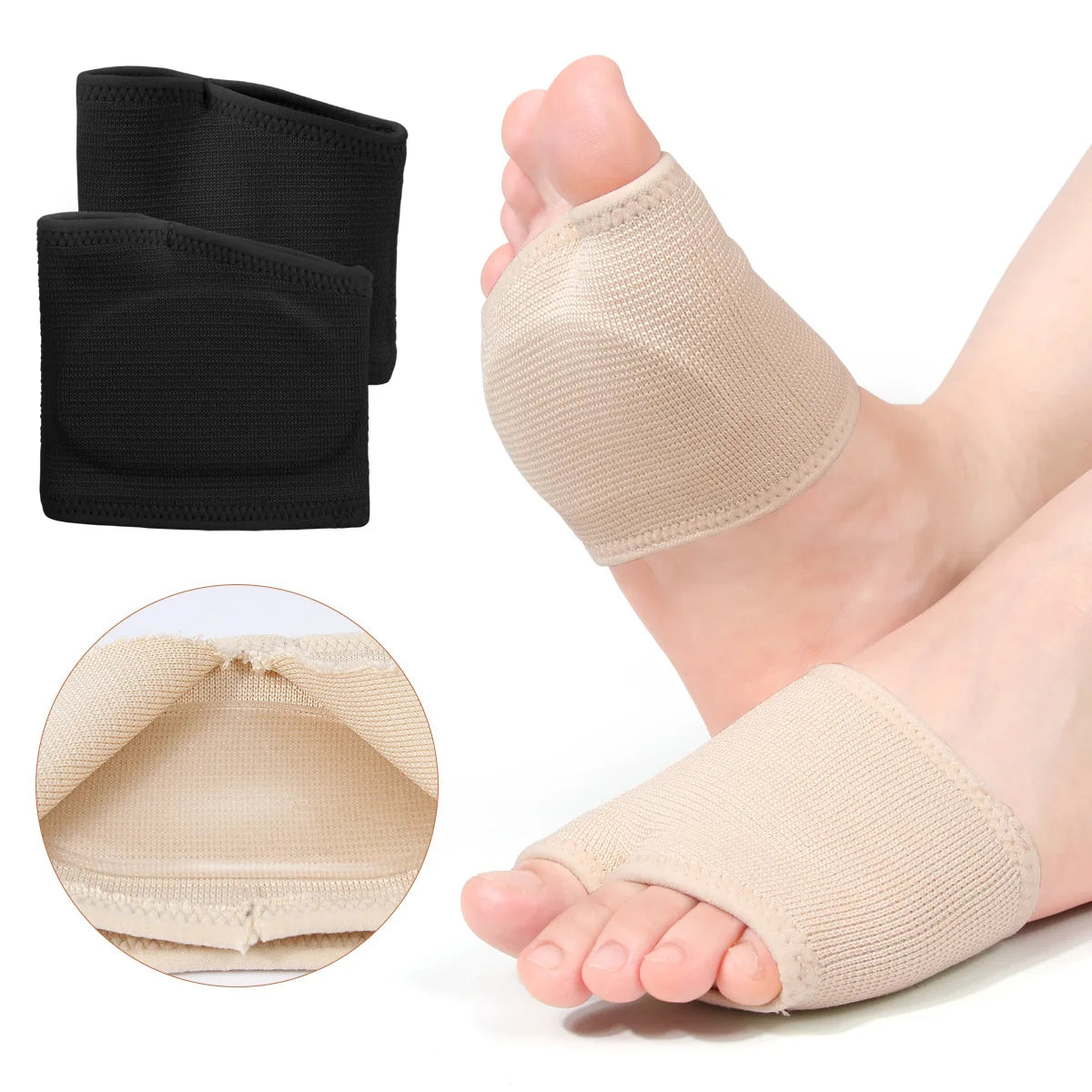 Black gel forefoot cushion pads for foot pain relief shown with a close-up of the pad and on a foot.