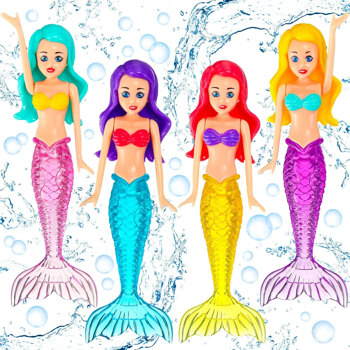 Four mermaid dive toys in various colors including blue, purple, pink, and yellow swimming in water droplets.
