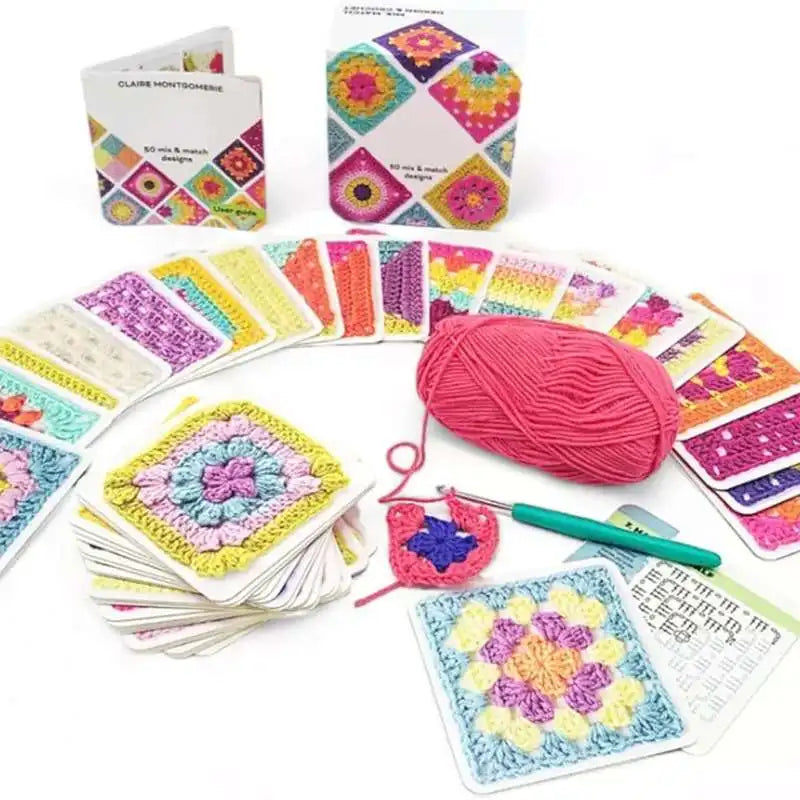 A collection of 50 crochet square pattern cards featuring mix and match designs in various colors.