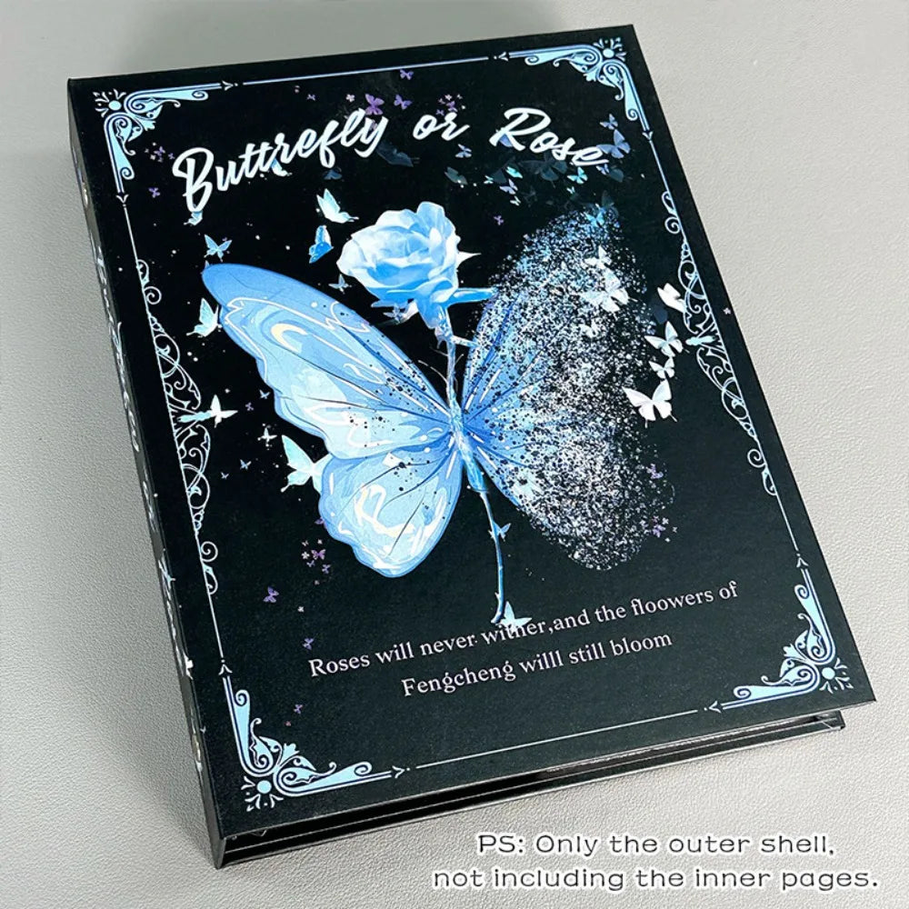 A black photo album cover titled Butterfly or Rose featuring a blue butterfly design and text about roses and flowers