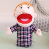 A soft plush hand puppet resembling a man with a red mouth and a plaid shirt.