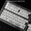 A close-up view of a translucent OEM profile keyboard with white keycaps resting on a dark surface.