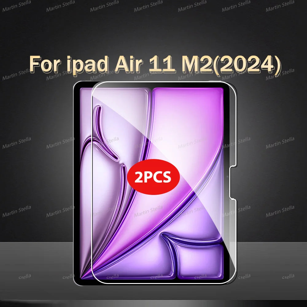 Two tempered glass screen protectors for an iPad Air 11 M2 (2024) displayed on a dark background.