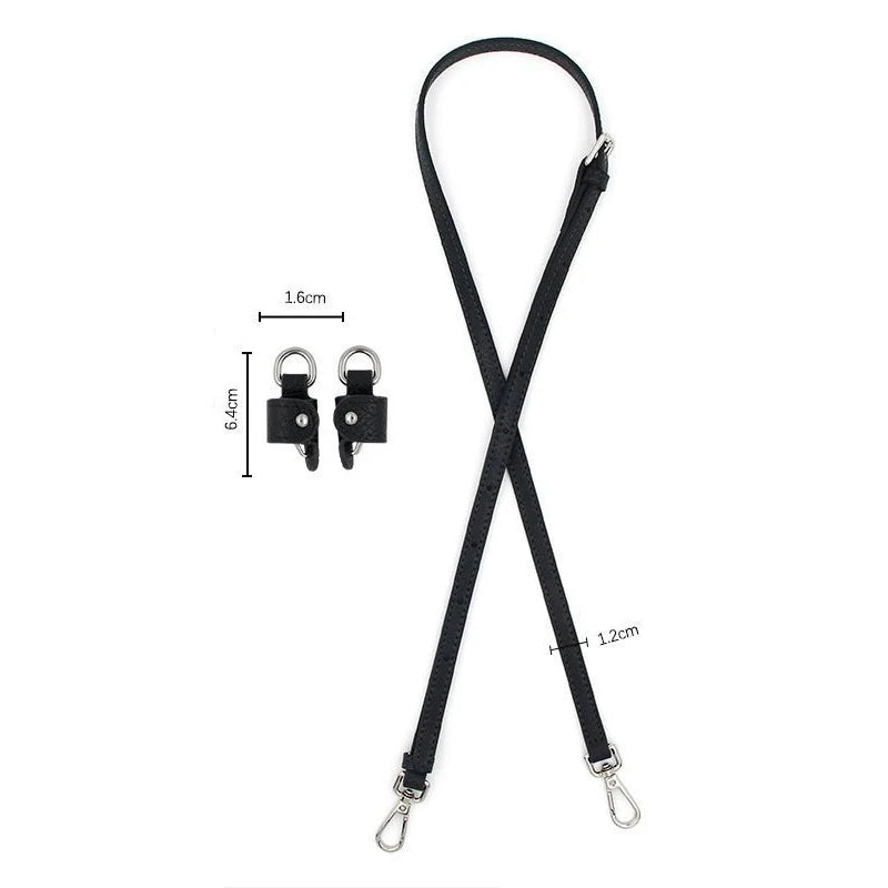 Black leather shoulder strap with a lobster clasp and a metal ring for mini bags
