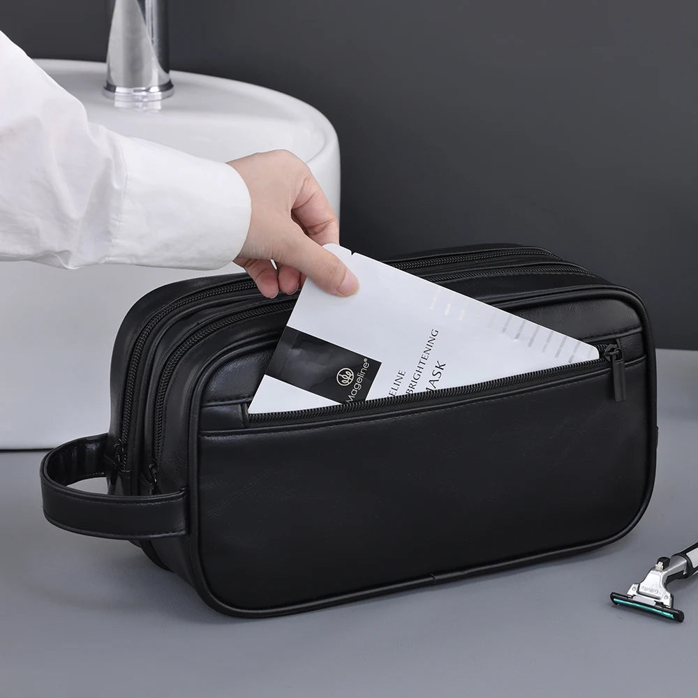 Premium PU Leather Double-Layer Toiletry Bag for Travel