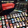 A collection of 48 alloy diecast metal cars packaged in a box and displayed with individual models.