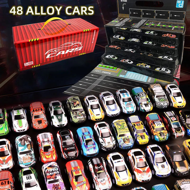 A collection of 48 alloy diecast metal cars packaged in a box and displayed with individual models.