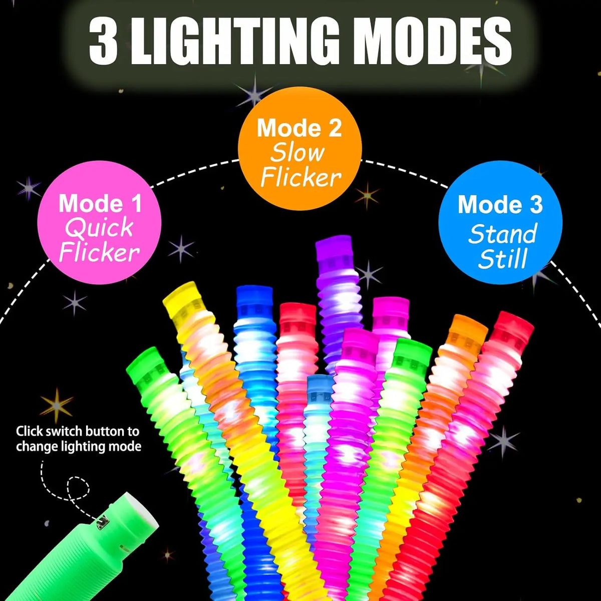 Three lighting modes of LED flash pop tubes shown in a close-up view with a switch button.