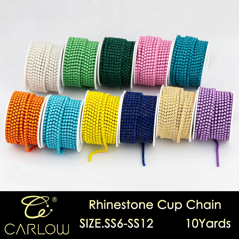 A collection of multi-colored rhinestone cup chains in various shades including green, purple, yellow, and blue.