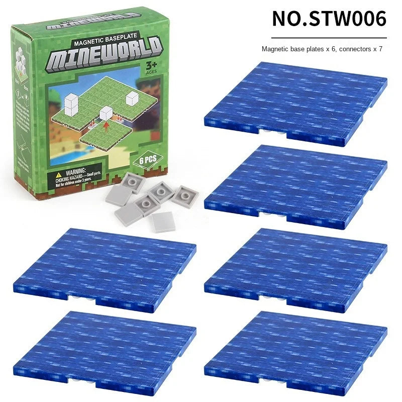A set of six blue magnetic base plates for building blocks, packaged in a green box.