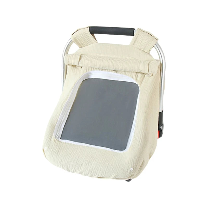 Light beige breathable 2-in-1 car seat cover and mosquito net for babies with a handle