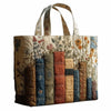 A vintage quilted tote bag with light floral embroidery and natural fabric accents.