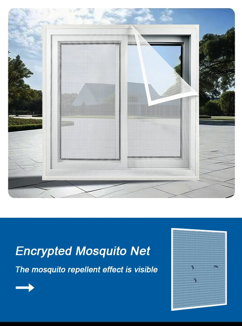 A white window with an encrypted mosquito net installed, showing the visible repellent effect.