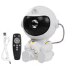 A white astronaut night light projector with a black visor and gold accents.