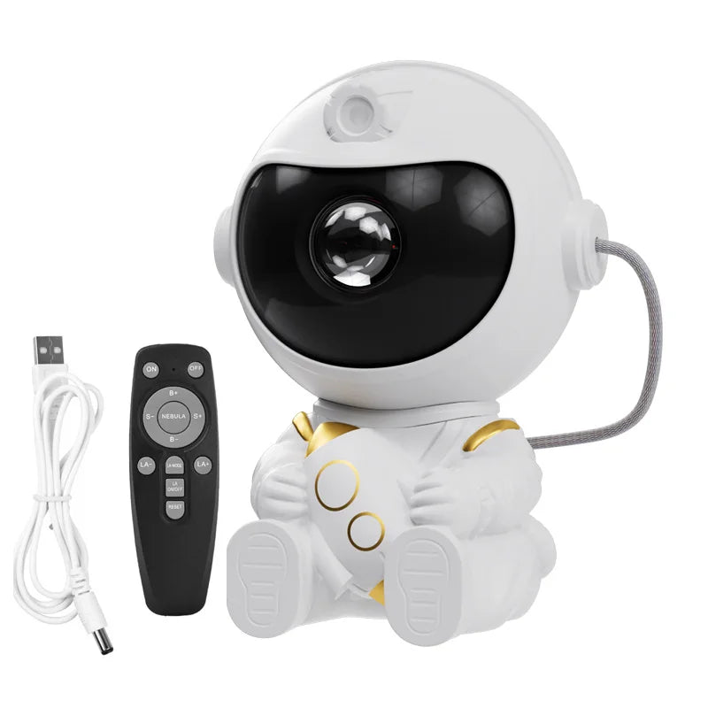 A white astronaut night light projector with a black visor and gold accents.