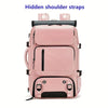 A pink laptop backpack featuring hidden shoulder straps and a shoe storage compartment.