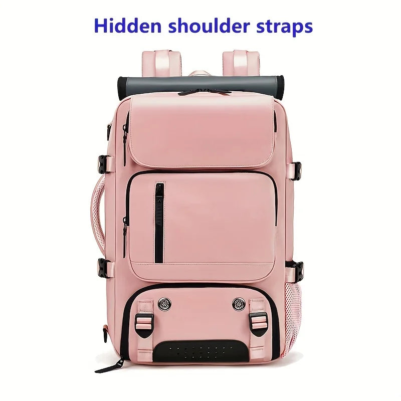 A pink laptop backpack featuring hidden shoulder straps and a shoe storage compartment.