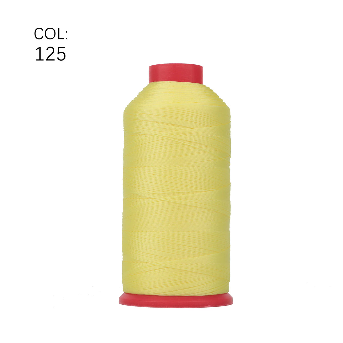 A spool of yellow heavy-duty nylon bonded thread with a red cap.