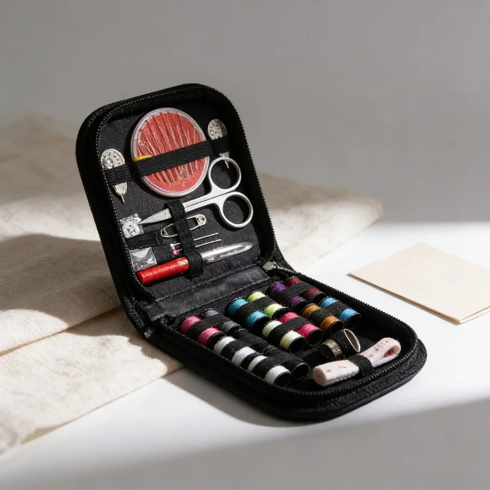 A black compact travel sewing kit is open, displaying various tools including scissors, needles, and thread spools.
