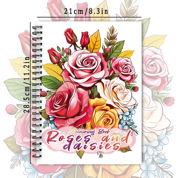 Página de un libro para colorear con ilustraciones detalladas de rosas y margaritas en varios colores.