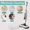 A Shark steam mop with replacement mop cloths and various stains like food stain, dust, water stain, hair, and pet hair.