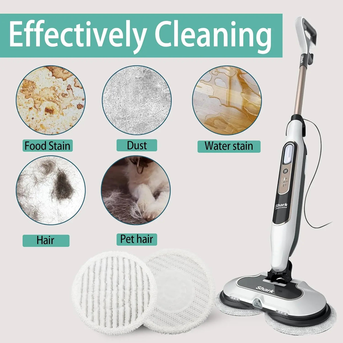 A Shark steam mop with replacement mop cloths and various stains like food stain, dust, water stain, hair, and pet hair.