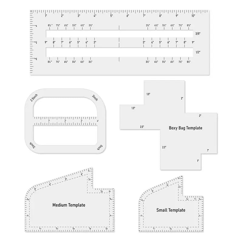 A set of five acrylic bag making templates including a zipper pocket, curve, and handbag patterns.