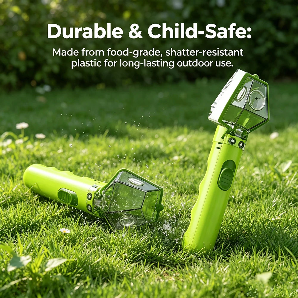 A lime green bug catcher and magnifying viewer is shown lying on green grass.