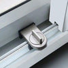 A close-up view of a silver no-drill sliding door lock mechanism installed in a white frame.