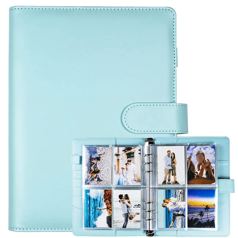A light blue A5 premium PU photocard album with 25 pages featuring various photos.