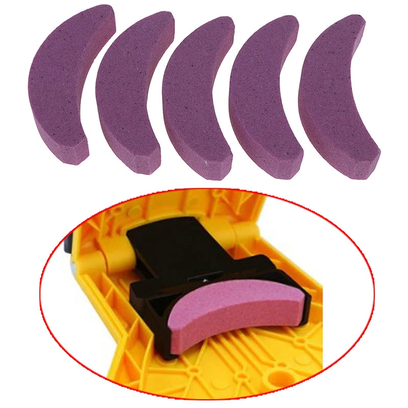A set of purple sharpening stones for a portable chainsaw sharpener, shown alongside the device.
