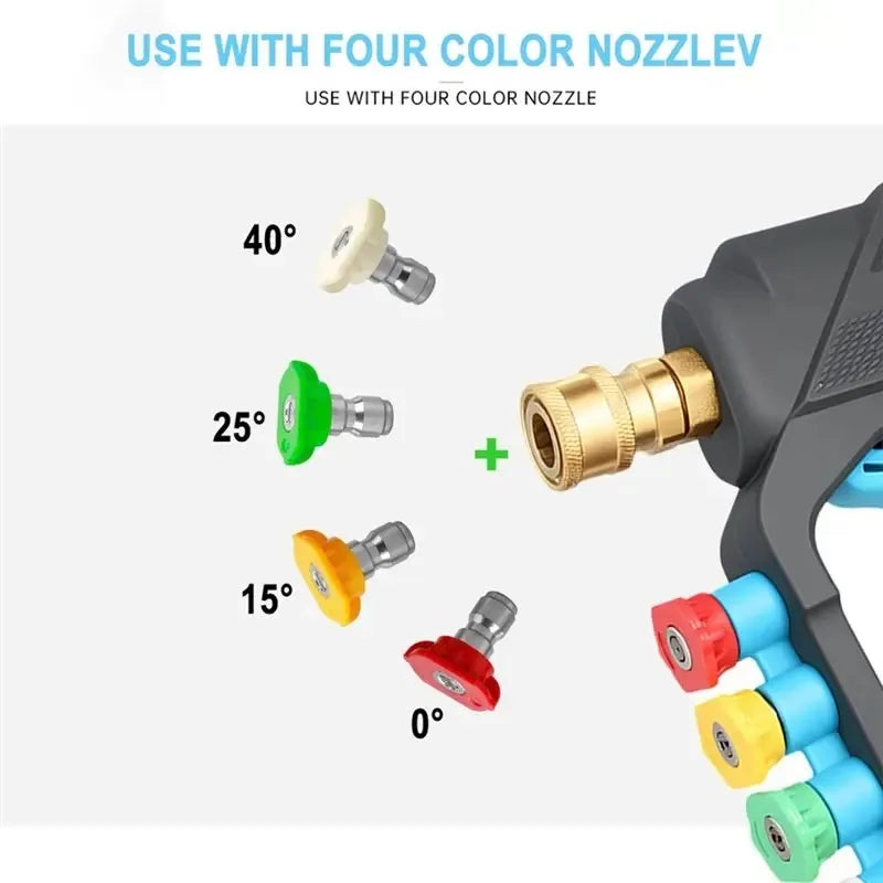 Rotating car wash pressure gun with a kit of four color-coded nozzles set at 40, 25, 15, and 0 degrees.