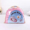 Pink foldable baby mosquito net with mattress and pillow featuring a Honey Baby design